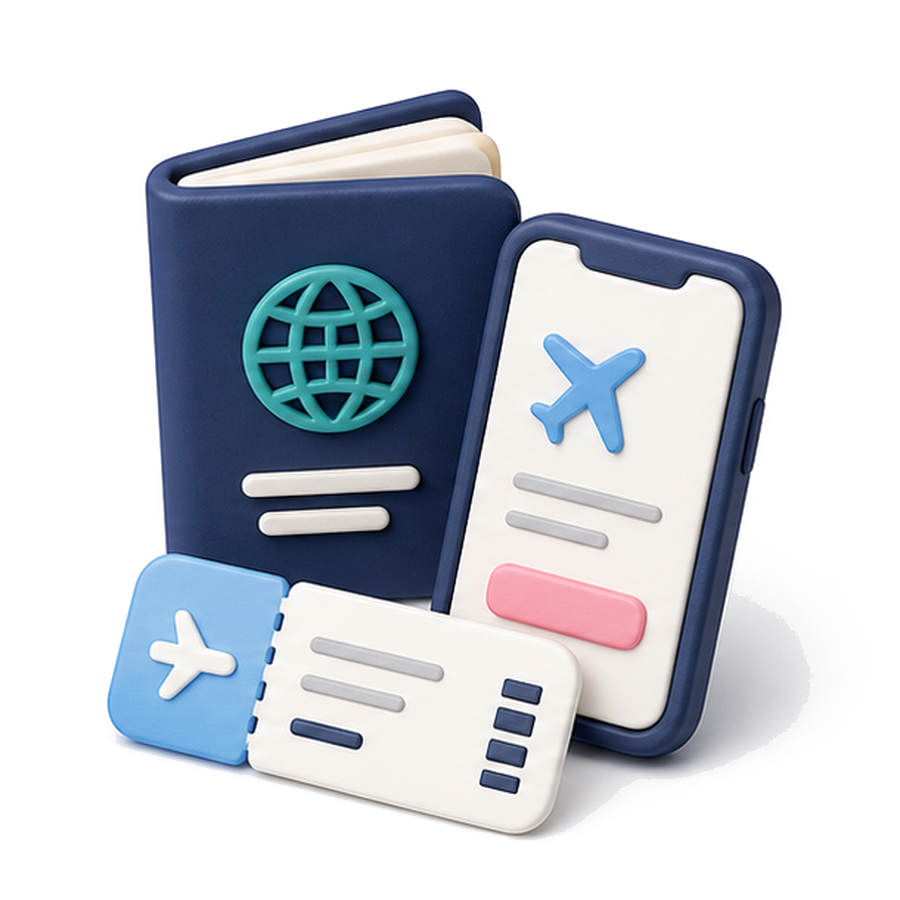 Illustration of a traveler completing a flight reservation on mobile
