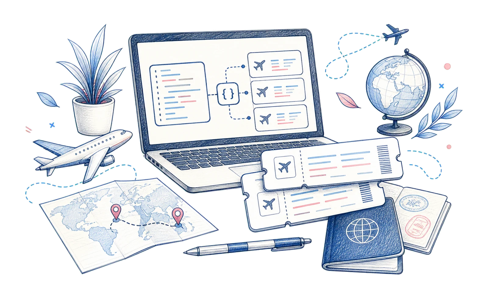 Sketch illustration of an agency desk generating travel reservation tickets through an API