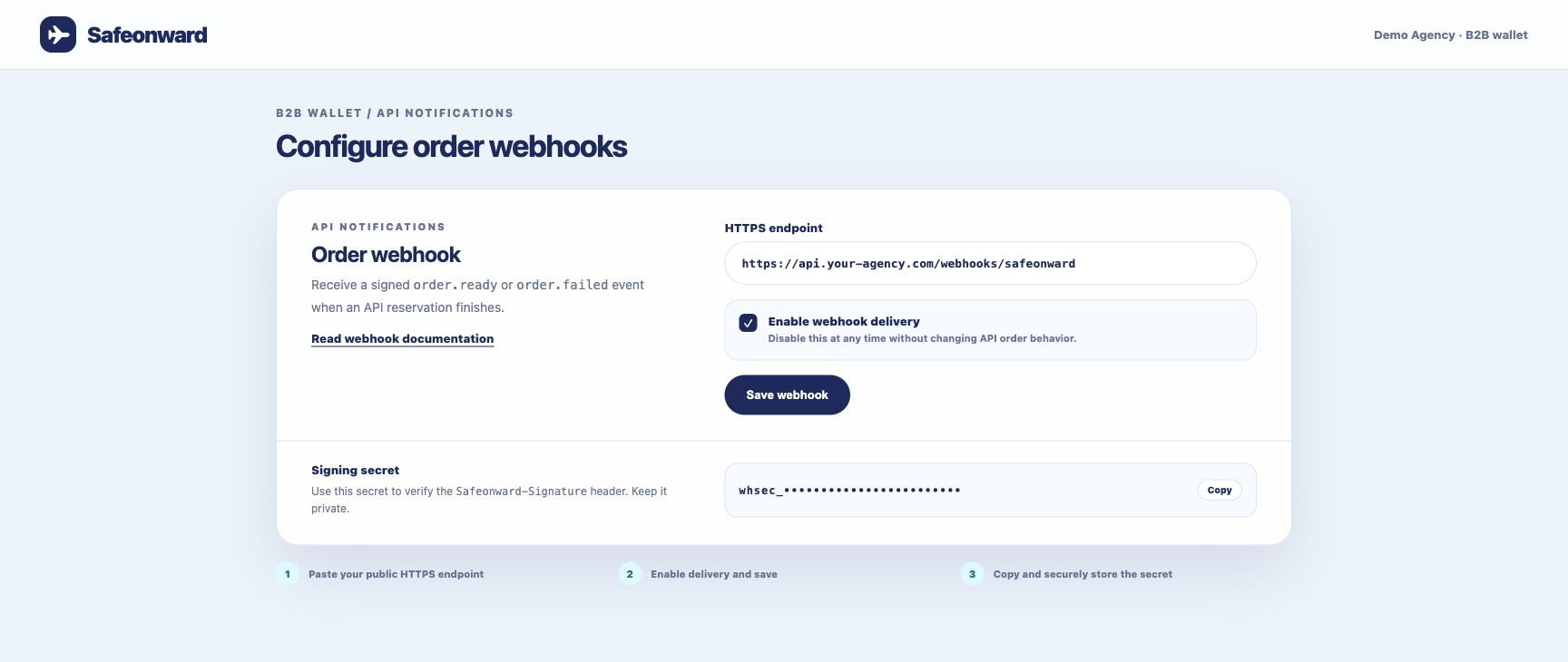 Safeonward B2B wallet webhook configuration screen