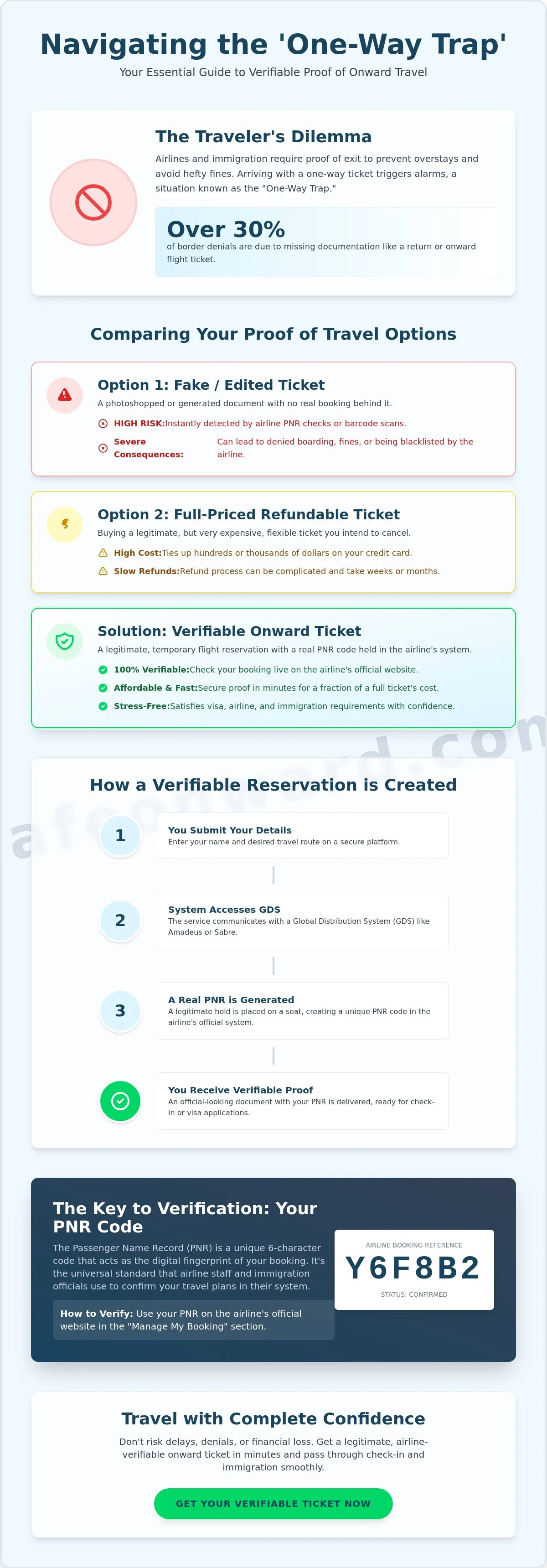 Infographic comparing onward travel proof options and showing how a verifiable reservation is created